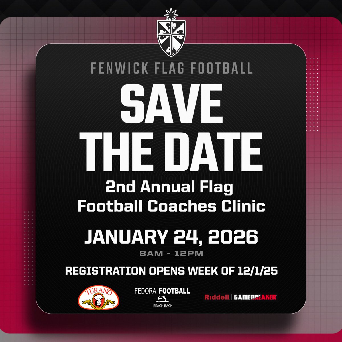 fengffootball's tweet photo. 🚨 It’s Back! 🚨
The 2nd Annual Fenwick High School Flag Football Coaches Clinic is happening!
Education. Energy. Growth.
📅 Save the Date—more info coming your way soon! https://t.co/ltYi8P5nWP