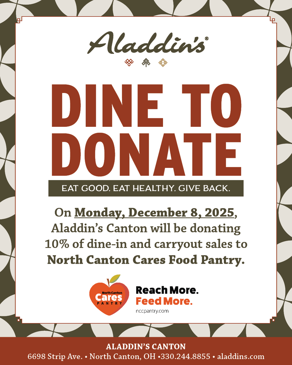 CyberShiftTech's tweet image. At Cyber Shift Technologies, we’re proud to support our community and help spread the word!

On Monday, December 8, 2025, Aladdin’s Canton will be donating 10% of all dine-in and carryout sales to the North Canton Cares Pantry. This amazing organization works tirelessly to suppor