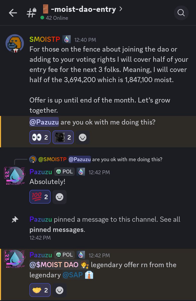 Have you wanted to join the $MOIST DAO or increase your existing DAO voting weight, but you've been waiting for a cheaper entry?

Now's your chance courtesy the legendary <a href="/SAPNFTBULL/">SAP</a>  . 😎

Join our discord to learn more.

discord.gg/7P4VrtZhWJ