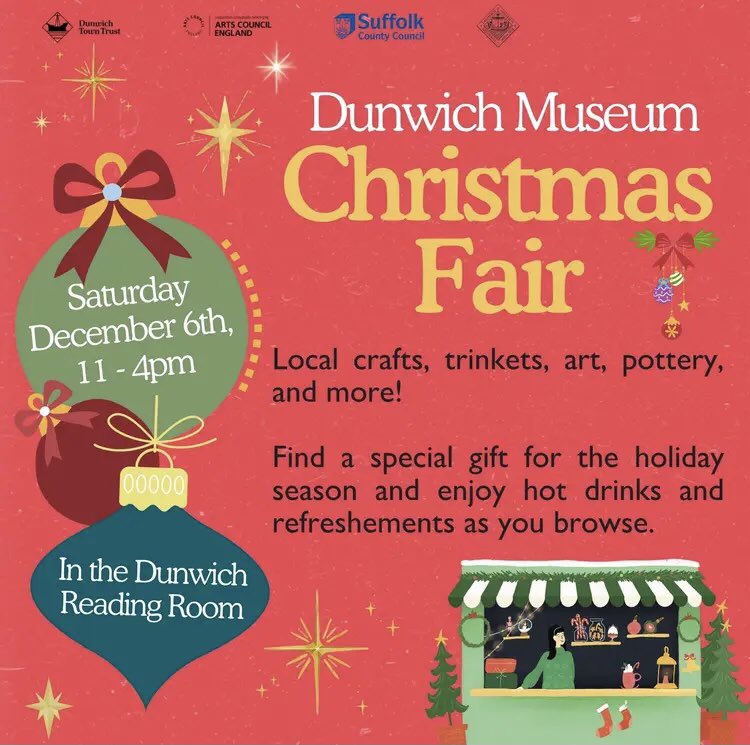 Dunwich Museum Christmas Fair - Saturday 6 December 11-4 in the #Dunwich Reading Room. 
Local crafts, trinkets, art, pottery, and more!
Find a special gift for the holiday season and enjoy hot drinks and refreshements as you browse.
dunwichmuseum.org.uk/events/