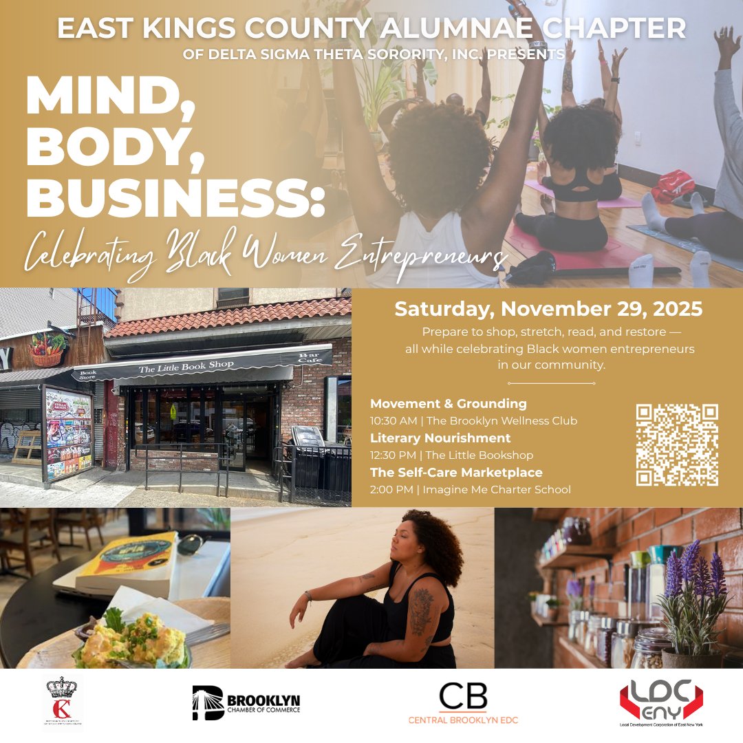 Join us for the 2025 Small Business Crawl on Saturday, November 29, 2025!

East Kings County Alumnae Chapter of Delta Sigma Theta Sorority, Inc presents...Mind, Body, Business
Please visit the Eventbrite page (tinyurl.com/SBC2025) to secure your tickets.