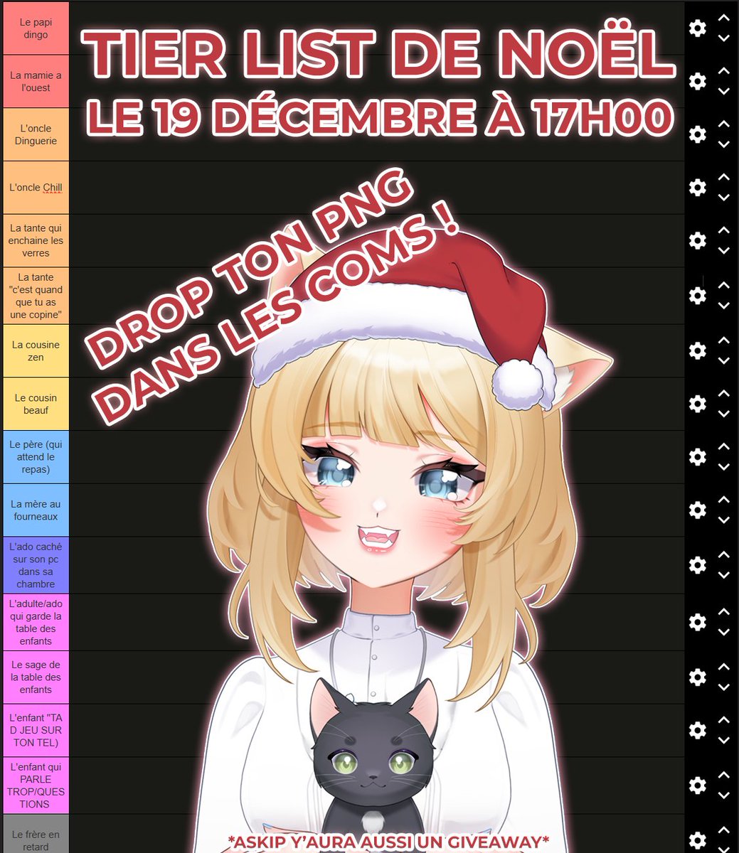 Homu_VT's tweet image. 🎄🧑‍🎄TIER LIST VTUBER DE NOËL🧑‍🎄🎄
🎄🗓️ Le 19 Décembre à 17h00 🗓️🎄

✨Drop ton png dans les comms pour participer ! ✨

🎄Rendez-vous sur ma chaine Twitch pour voir ou vous serez selon moi ! 🎄
🎄✨Vous pourrez aussi influencer les votes !✨🎄
🎄✨Merci à vous ! ✨🎄

#vtuberfr