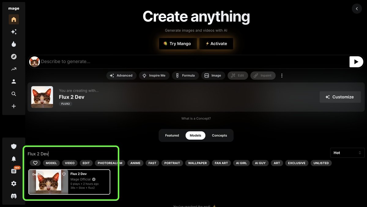 MageSpace_'s tweet image. How to use FLUX.2 on Mage: 

👉 Search for the “Flux 2 Dev” Concept on the Home page.

👉 Or, find it under Advanced → Select Model Architecture → Flux.2