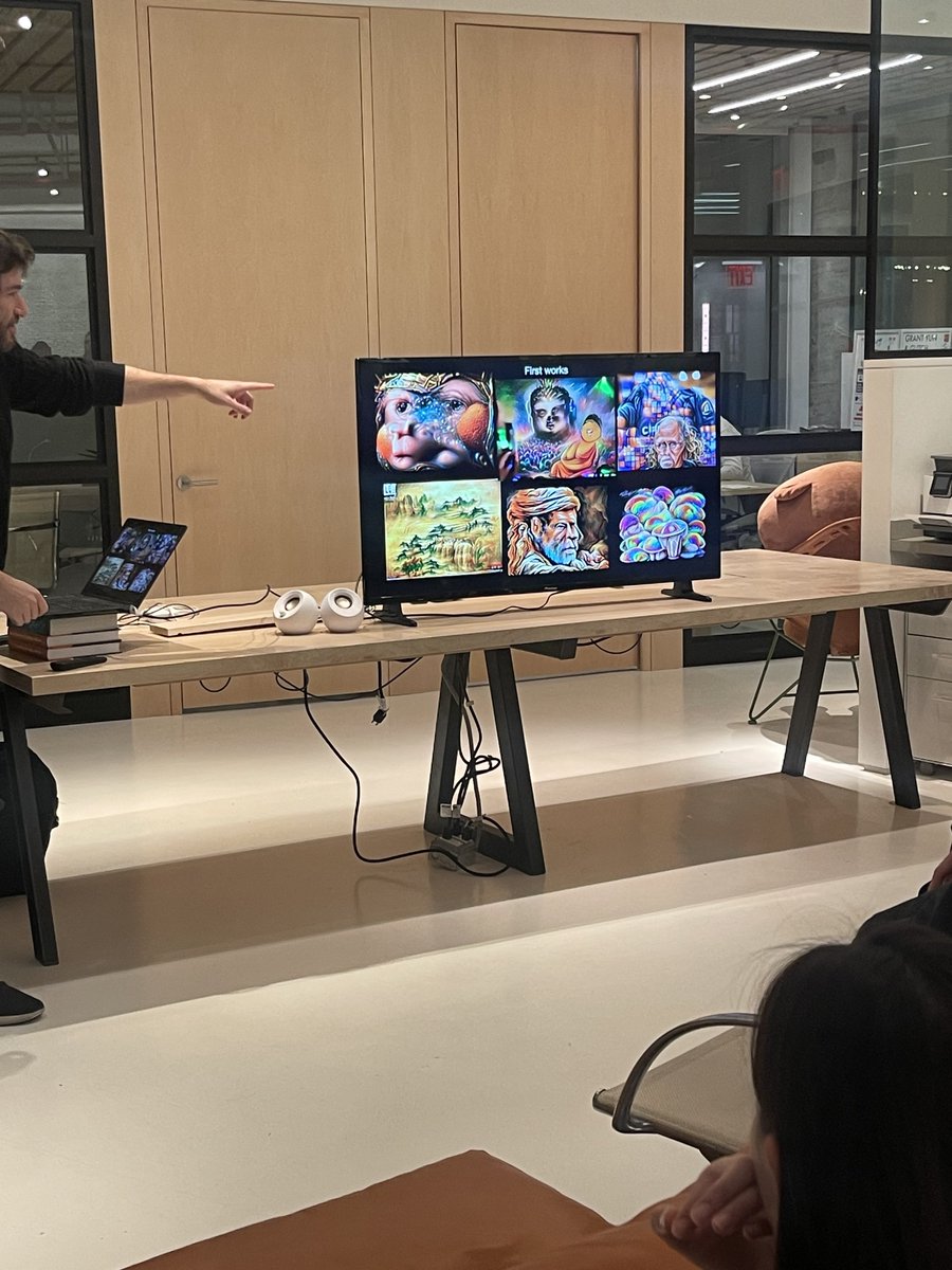 FLAMINGODAO's tweet image. From the @tributelabsxyz AI Engineering Meetup yesterday!

@genekogan speaking on @abraham_ai_ // Abraham&apos;s First Works