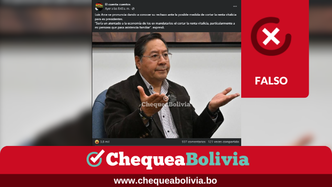 ❌ Luis Arce no se pronunció sobre la posible suspensión de la renta vitalicia para exmandatarios 
🔎 No existe evidencia de un pronunciamiento del exmandatario respecto a este tema. 
👉Ver más: acortar.link/hhT7ka  
#ChequeaBolivia #EsFalso