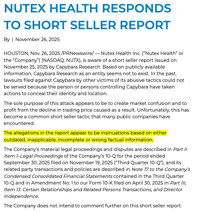 CapybaraShort's tweet image. $NUTX &quot;Responds to Short Seller Report&quot;
Deflection and non-denial denial of allegations.
CEO Vo is better suited to a prison than a board room.
@nutexhealth #KnowWhatYouOwn 
nutexhealth.com/nutex-health-r…