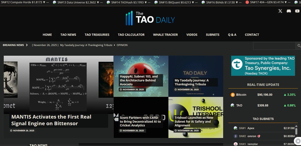 Pop_Collapse's tweet image. The largest Bittensor $TAO treasury, $TAOX, launched The Tao Daily @taodaily_io.

Purpose of The Tao Daily:
Its purpose is to serve as “the premier media platform for all things Bittensor” by delivering daily news, ecosystem updates, analysis, interviews with subnet…