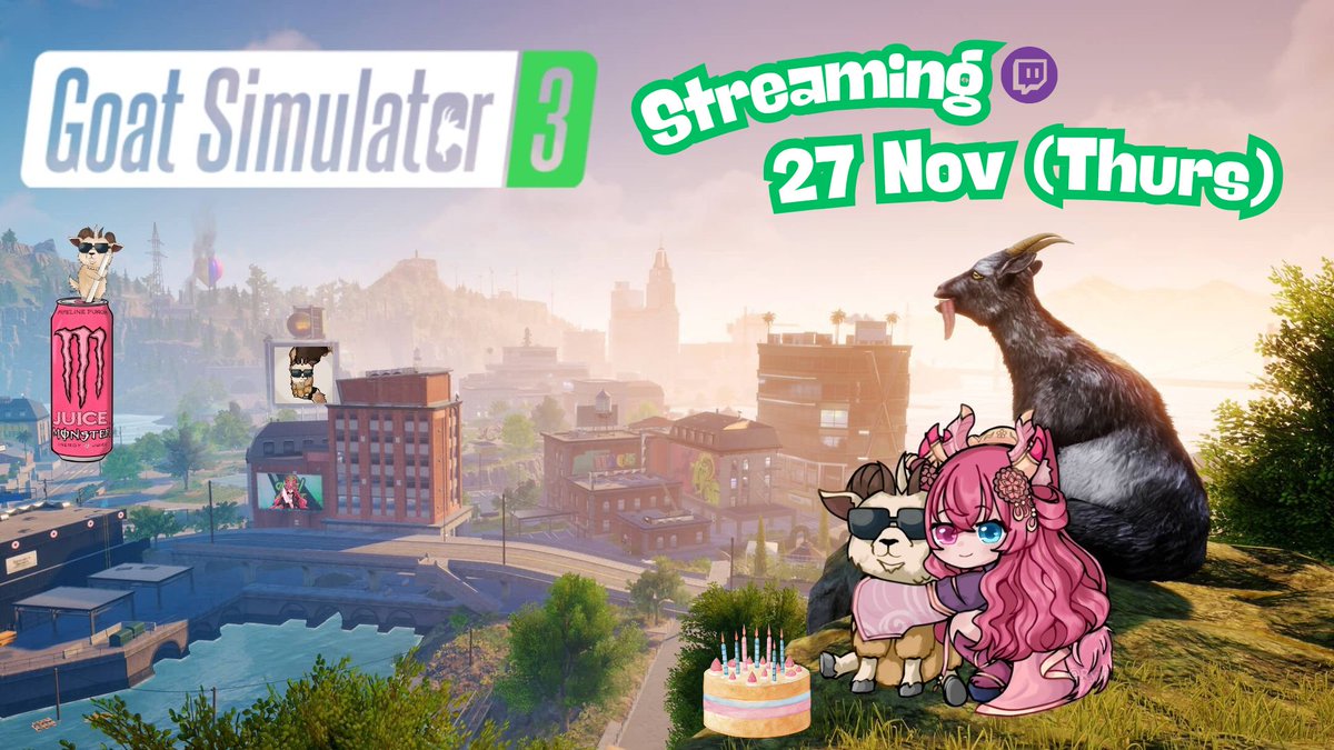 【#StreamSchedule】 
Streaming #GoatSimulator3 on the purple app, as a low-key celebration for a friend's birthday! Let's just casually destroy the whole city shall we?

No specific time yet, it depends what time I'd wake up, but timezone will be GMT+8! See you!!!#VTuber #VTubers
