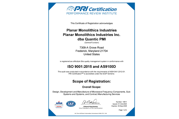 .<a href="/QuanticPMI/">Quantic PMI (Planar Monolithics)</a> has earned the ISO 9001:2015 and AS9100D certifications for its quality management system for its Frederick, Md., and El Dorado Hills, Calif., facilities.
microwavejournal.com/articles/45078