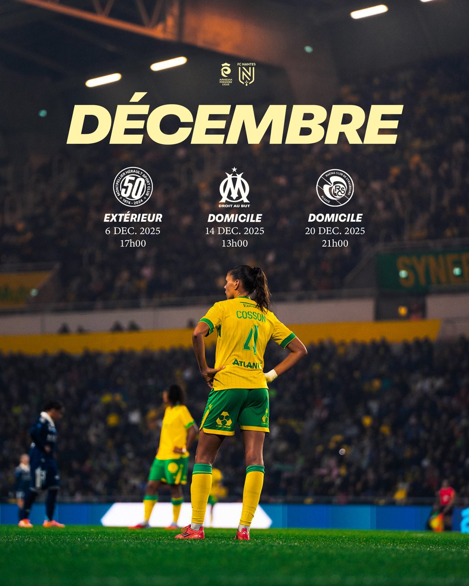 🗓️ Le calendrier du mois de décembre.

👉 2 matchs à domicile.
👉 FCN - OM à La Beaujoire.
👉 Le dernier rendez-vous de 2025 à Marcel Saupin.

#OnEstNantes #ArkemaPL