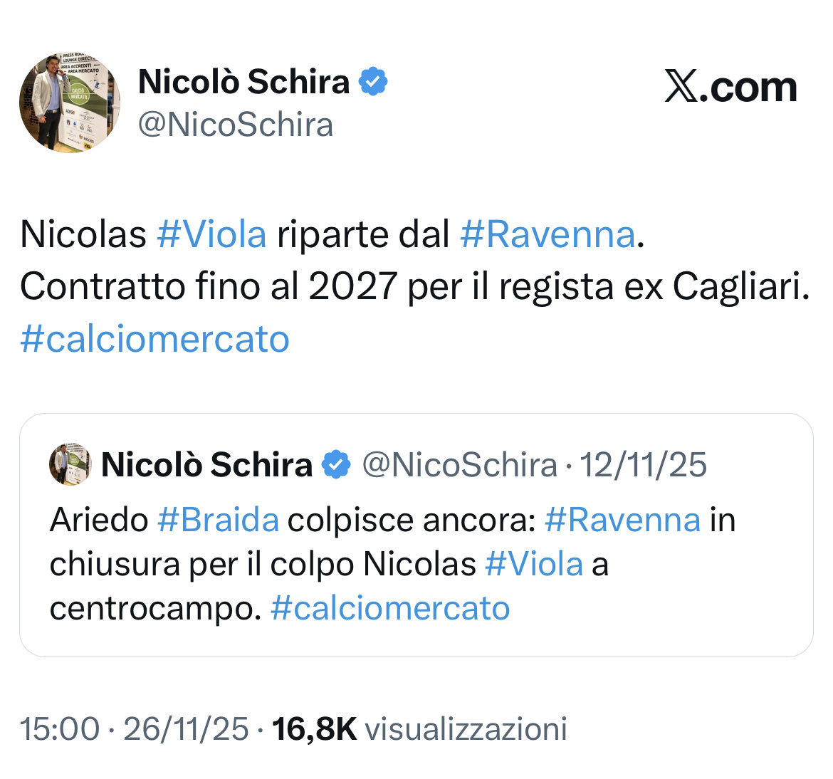 NicoSchira's tweet image. Ora è ufficiale! Nicolas #Viola è un nuovo giocatore del #Ravenna. Contratto fino al 2027. Tutto confermato dallo scorso 12 Novembre! #calciomercato