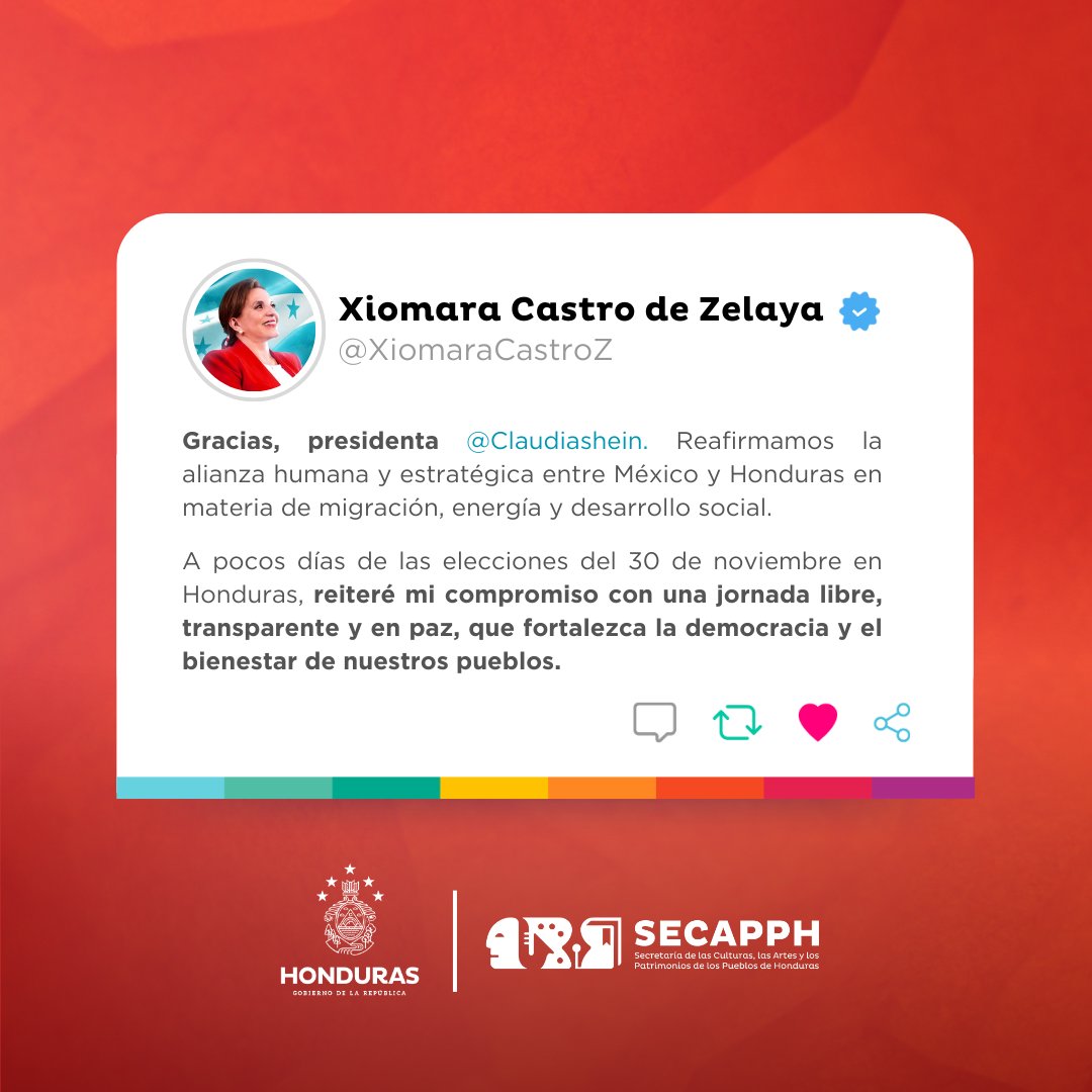 SECAPPH's tweet image. #SECAPPHINFORMA La presidenta @xiomaracastroz informa que durante el encuentro con su homóloga de México Claudia Sheinbaum Pardo reafirmaron la alianza en materia de migración, energía y desarrollo social.  🇲🇽 🇭🇳

Además, señaló que a pocos días de las elecciones, reiteró su…