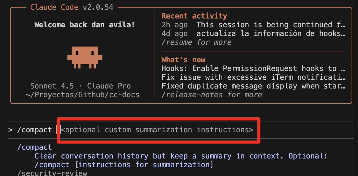 dani_avila7's tweet image. Claude Code team ships fast! 👏

Just discovered you can add custom instructions to /compact 

No idea how long this has been there but it&apos;s exactly what I needed.

- Before: Claude would summarize the chat and sometimes miss critical details I wanted to keep.
- Now: Just add…