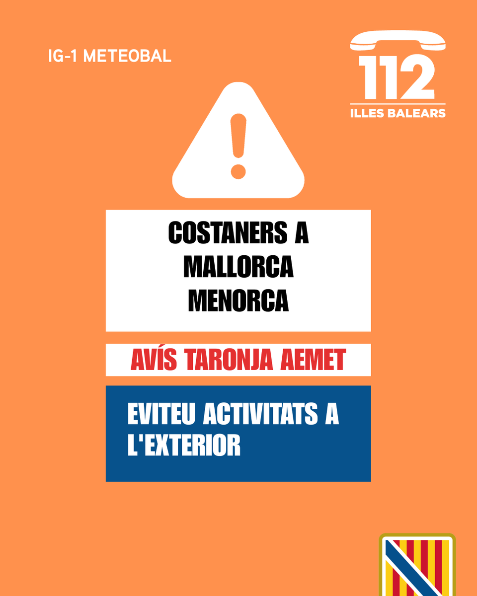 Emergencies_112's tweet photo. ⚠️ Actualització de les alertes del Pla #Meteobal per meteorologia adversa:
🟠 Activada l'alerta taronja (IG-1) per fenòmens costaners 🌊a Mallorca i Menorca.
🟡 Activada l’alerta groga (IG-0) per forts vents 🌬️a Mallorca i Menorca.
🟡 Activada l’alerta groga (IG-0) per calabruix 🌨️a Mallorca i Menorca.
🟡 Activada l'alerta groga (IG-0) per pluges i tempestes ⛈️ a Mallorca.
🟢 Desactivades les alertes a Eivissa i Formentera.
💭 Podeu seguir els avisos per hores al canal oficial d'@AEMET_Baleares
➡️https://t.co/xvGt7m3IFd…
