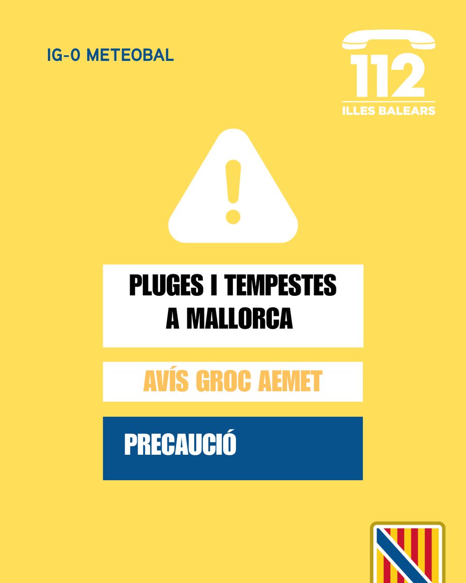 Emergencies_112's tweet photo. ⚠️ Actualització de les alertes del Pla #Meteobal per meteorologia adversa:
🟠 Activada l'alerta taronja (IG-1) per fenòmens costaners 🌊a Mallorca i Menorca.
🟡 Activada l’alerta groga (IG-0) per forts vents 🌬️a Mallorca i Menorca.
🟡 Activada l’alerta groga (IG-0) per calabruix 🌨️a Mallorca i Menorca.
🟡 Activada l'alerta groga (IG-0) per pluges i tempestes ⛈️ a Mallorca.
🟢 Desactivades les alertes a Eivissa i Formentera.
💭 Podeu seguir els avisos per hores al canal oficial d'@AEMET_Baleares
➡️https://t.co/xvGt7m3IFd…