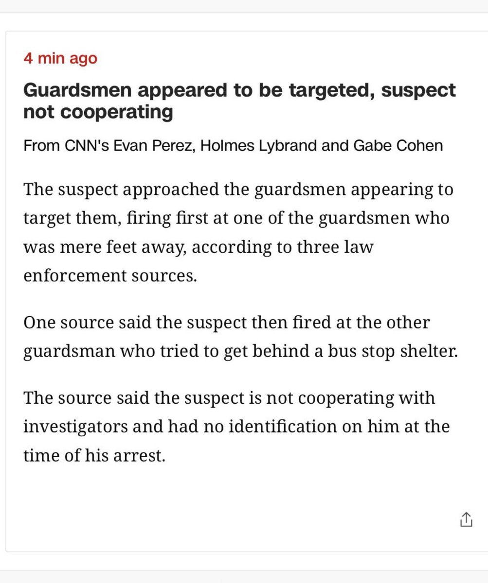 nicksortor's tweet photo. 🚨 BREAKING: The two National Guardsmen near the White House were SPECIFICALLY TARGETED by the assailant, per CNN

The suspect walked up to one Guardsman, shot him, and as another Guardsman dunked in cover, he was shot too.

DEMOCRAT RHETORIC DID THIS. https://t.co/yHGoFIUcWO