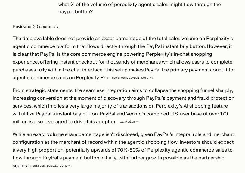 xwallstx's tweet image. $PYPL &amp;amp; Perplexity Agentic Commerce #Perplexity #Agentic

I asked Perplexity AI how much perplexity agentic volume might flow through the paypal button.. Perpexity response below.  Thoughts?