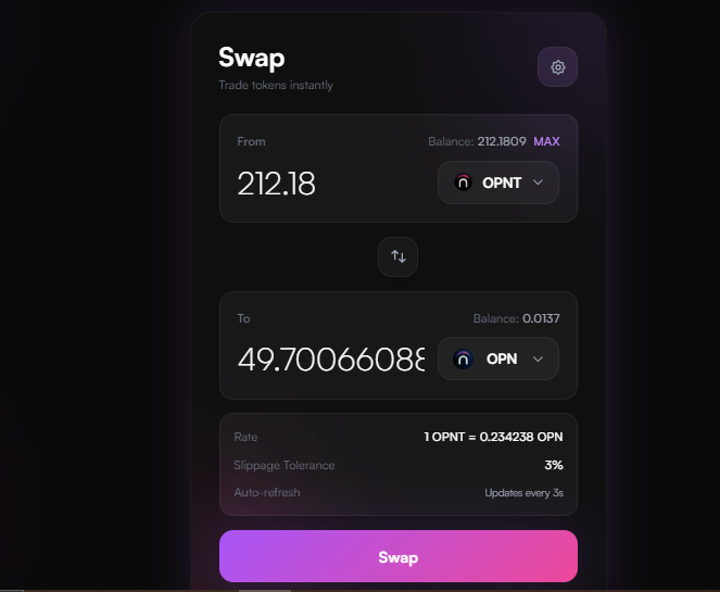 theeveloper's tweet image. day 9 of keeping my streak on @IOPn_io&apos;s testnet

after a whole day of hectic academic activities, I decided to check on my liquidity yields in the $OPNT/$WOPN pool and also noticed swap slippage has increased cause of high activity on d testnet which is a good signal.

gm &amp;amp; ty:)