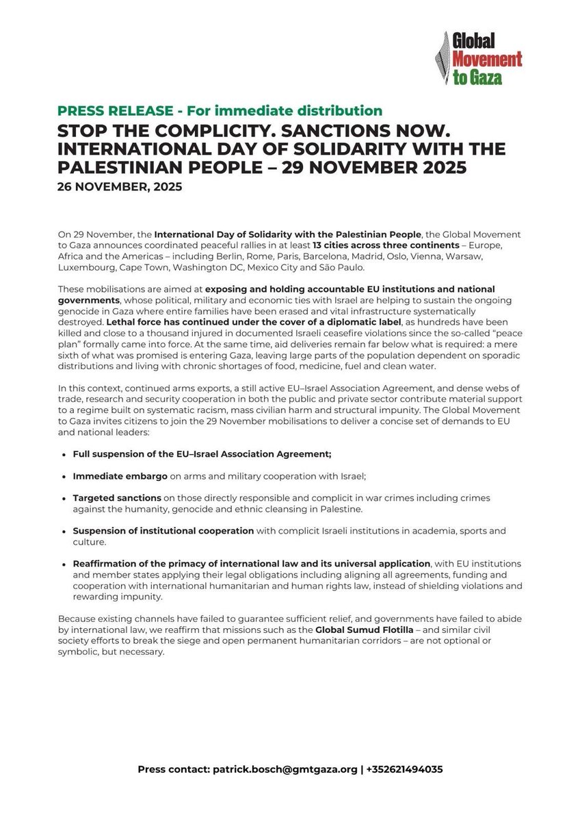 DropSiteNews's tweet image. ⭕️ BREAKING: Global Movement to Gaza announces coordinated rallies across 13 cities for Nov. 29

The Global Movement to Gaza says rallies will be held on the International Day of Solidarity with the Palestinian People in at least 13 cities across three continents: Berlin, Rome,…