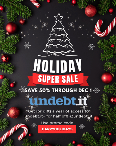 undebt_it's tweet photo. Why  buy stuff you don't need on black Friday when you can save a few bucks  on a great debt payoff tool? Now through December 1st, save 50% on an  annual membership to Undebt.it+. See https://t.co/Zk6ifCRAwY for more info. Use promo code HAPPYHOLIDAYS. https://t.co/FMJTbEafzM