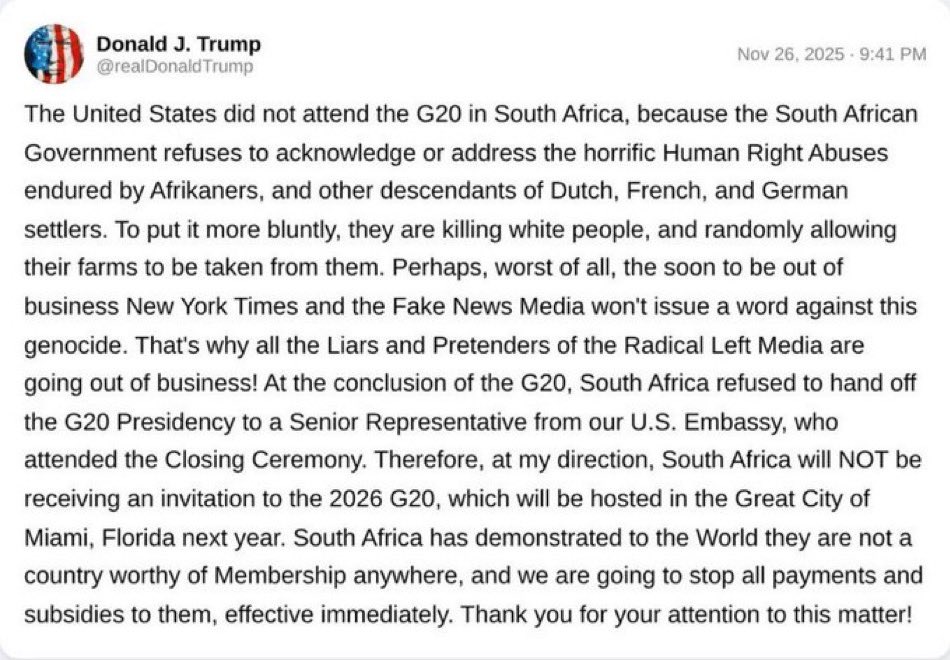 zanupf_patriots's tweet image. ZANU PF PATRIOTS STATEMENT‼️

We strongly condemn the false, divisive and racially-charged claims made by Donald Trump against South Africa and the G20.

His remarks are:
-An attack on African sovereignty.
-A revival of white supremacist propaganda.
-A desperate attempt to…