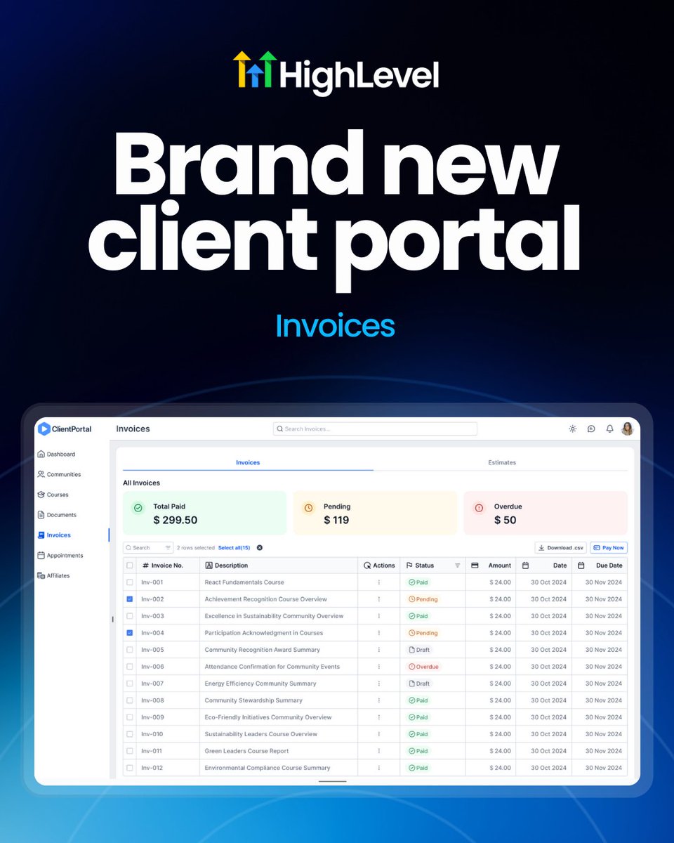 gohighlevel's tweet image. Your clients want easy access. You want fewer moving parts.
The redesigned Client Portal delivers both.

A modern space for tracking appointments, joining communities, viewing invoices, completing courses and managing files... all tied beautifully into your brand.

Catch up on…