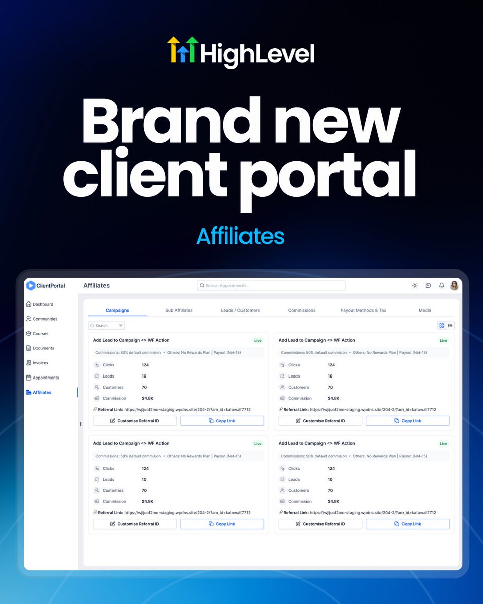 gohighlevel's tweet image. Your clients want easy access. You want fewer moving parts.
The redesigned Client Portal delivers both.

A modern space for tracking appointments, joining communities, viewing invoices, completing courses and managing files... all tied beautifully into your brand.

Catch up on…