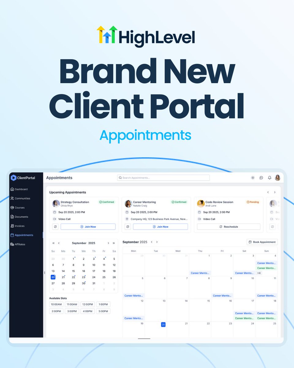 gohighlevel's tweet image. Your clients want easy access. You want fewer moving parts.
The redesigned Client Portal delivers both.

A modern space for tracking appointments, joining communities, viewing invoices, completing courses and managing files... all tied beautifully into your brand.

Catch up on…
