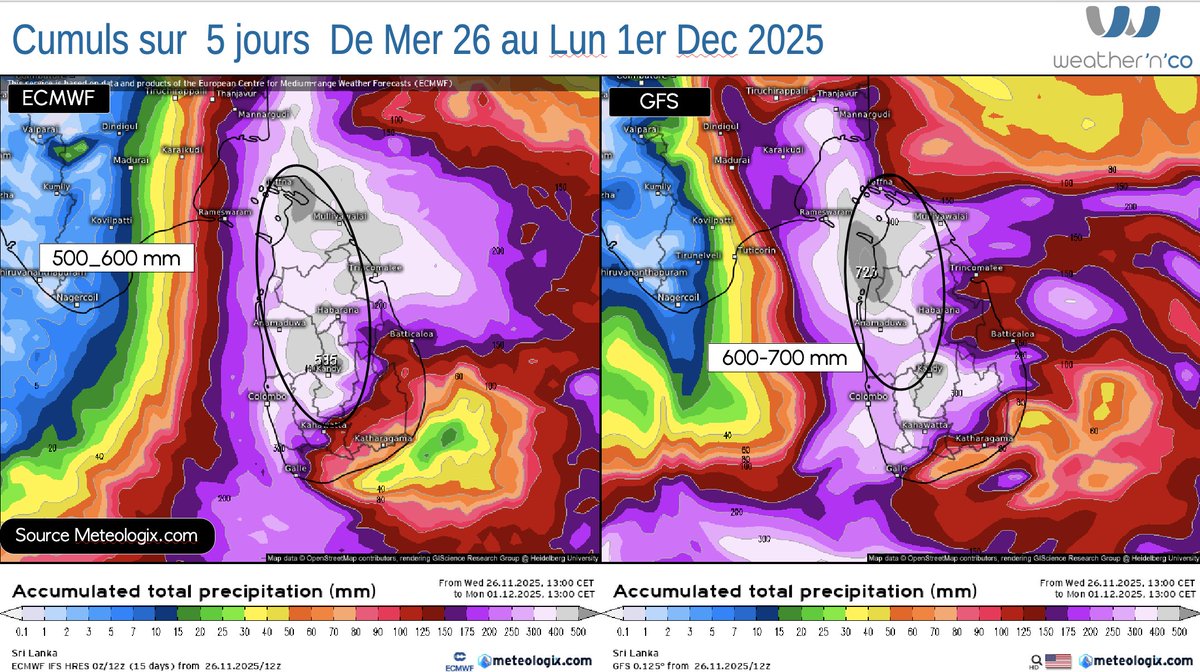 🚨After Vietnam and Malaysia, Sri Lanka now faces a major threat 
🌧️ 500-700mm forecast in 5 days (ECMWF/GFS), potentially more 
Source <a href="/meteologix/">Meteologix.com</a> <a href="/weathernco/">weather'n'co</a> 
#SriLanka #ExtremeWeather #Flooding