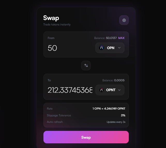 theeveloper's tweet image. day 9 of keeping my streak on @IOPn_io&apos;s testnet

after a whole day of hectic academic activities, I decided to check on my liquidity yields in the $OPNT/$WOPN pool and also noticed swap slippage has increased cause of high activity on d testnet which is a good signal.

gm &amp;amp; ty:)
