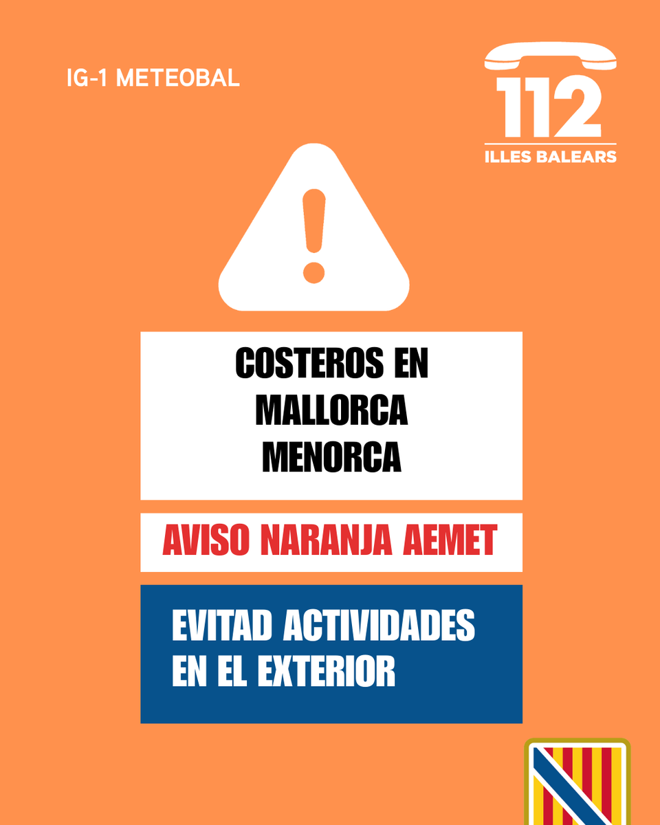 Emergencies_112's tweet photo. ⚠️ Actualización de las alertas del Plan #Meteobal por meteorología adversa:
🟠 Activada la alerta naranja (IG-1) por fenómenos costeros 🌊 en Mallorca y Menorca.
🟡 Activada la alerta amarilla (IG-0) por fuertes vientos 🌬️ en Mallorca y Menorca.
🟡 Activada la alerta amarilla (IG-0) por granizo 🌨️ en Mallorca y Menorca.
🟡 Activada la alerta amarilla (IG-0) por lluvias y tormentas ⛈️ en Mallorca.
🟢 Desactivadas las alertas en Ibiza y Formentera.
💭 Podéis seguir los avisos por horas en el canal oficial de @AEMET_Baleares
➡️ https://t.co/xvGt7m3aPF…
