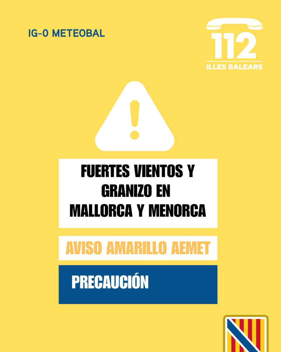 Emergencies_112's tweet photo. ⚠️ Actualización de las alertas del Plan #Meteobal por meteorología adversa:
🟠 Activada la alerta naranja (IG-1) por fenómenos costeros 🌊 en Mallorca y Menorca.
🟡 Activada la alerta amarilla (IG-0) por fuertes vientos 🌬️ en Mallorca y Menorca.
🟡 Activada la alerta amarilla (IG-0) por granizo 🌨️ en Mallorca y Menorca.
🟡 Activada la alerta amarilla (IG-0) por lluvias y tormentas ⛈️ en Mallorca.
🟢 Desactivadas las alertas en Ibiza y Formentera.
💭 Podéis seguir los avisos por horas en el canal oficial de @AEMET_Baleares
➡️ https://t.co/xvGt7m3aPF…