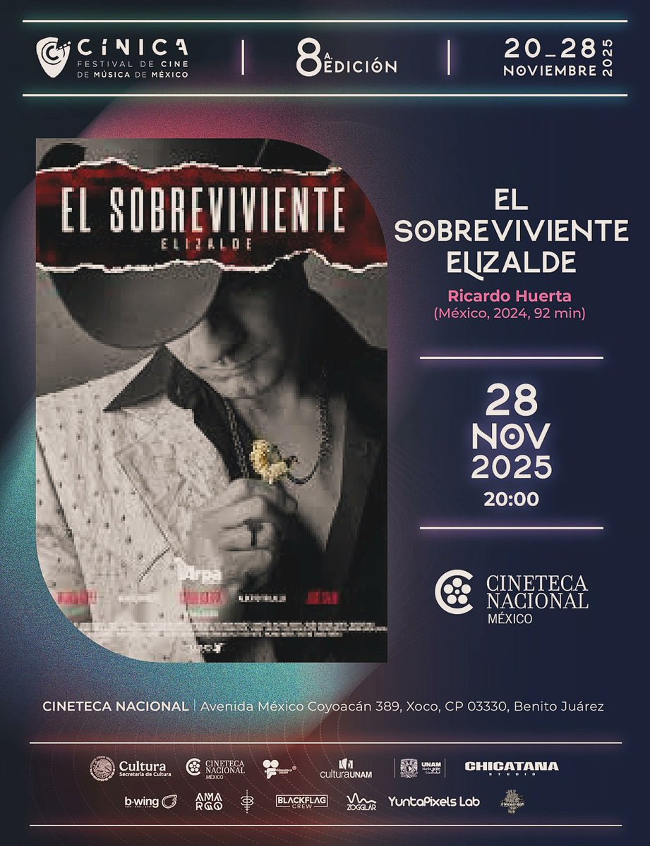 Nos vemos
viernes 28
8 pm <a href="/CinetecaMexico/">Cineteca Nacional</a>
A 19 años de la partida de Valentín Elizalde. Se presenta en modo de celebración y homenaje; La película #elsobrevivienteelizalde en selección oficial del <a href="/cinicafestival/">Cínica Festival</a> 
Costo: 70 pesos 
Boletos en Taquilla 
 instagram.com/p/DRiA5vckeYJ/…