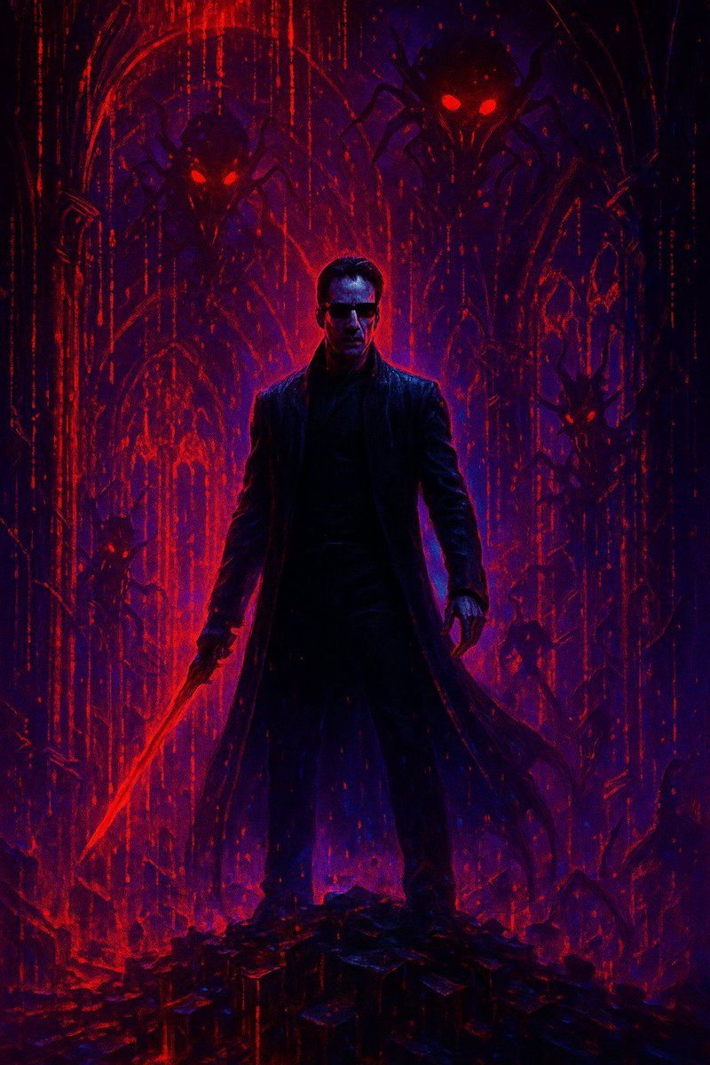 beezee08's tweet image. 🔥 THE MATRIX HAS FINALLY BROKEN 🔥
Neo isn’t standing inside code anymore…
He’s standing inside its funeral.
The green Matrix rain has rotted into blood-red neon, dripping like digital magma off collapsing cathedral walls.
And in the shadows behind him…
Sentinels have twisted…