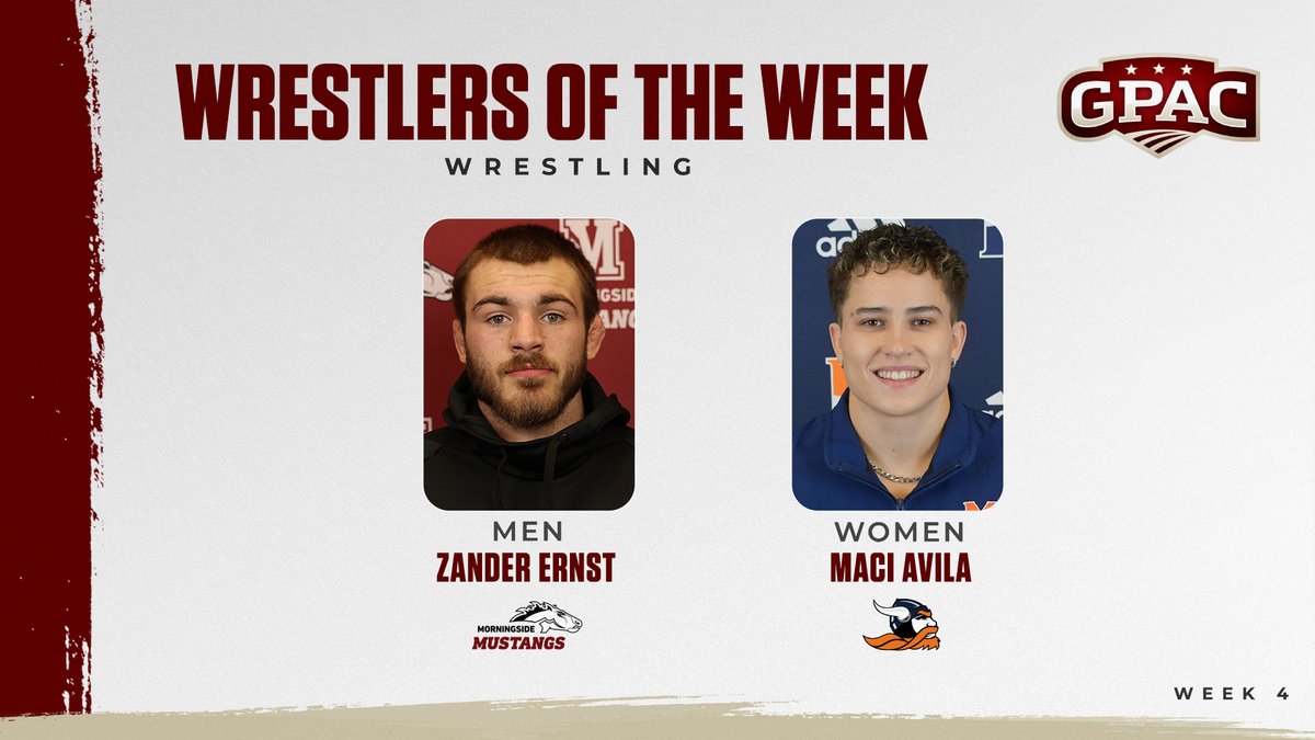 WRESTLING: Week 4 Honors - 

(Men) Zander Ernst of <a href="/MsideMustangs/">Morningside Mustangs 🐴</a> 

(Women) Maci Avila of <a href="/Midland_Sports/">Midland Warriors</a> 

Complete Release:
tinyurl.com/gpac-wrst4