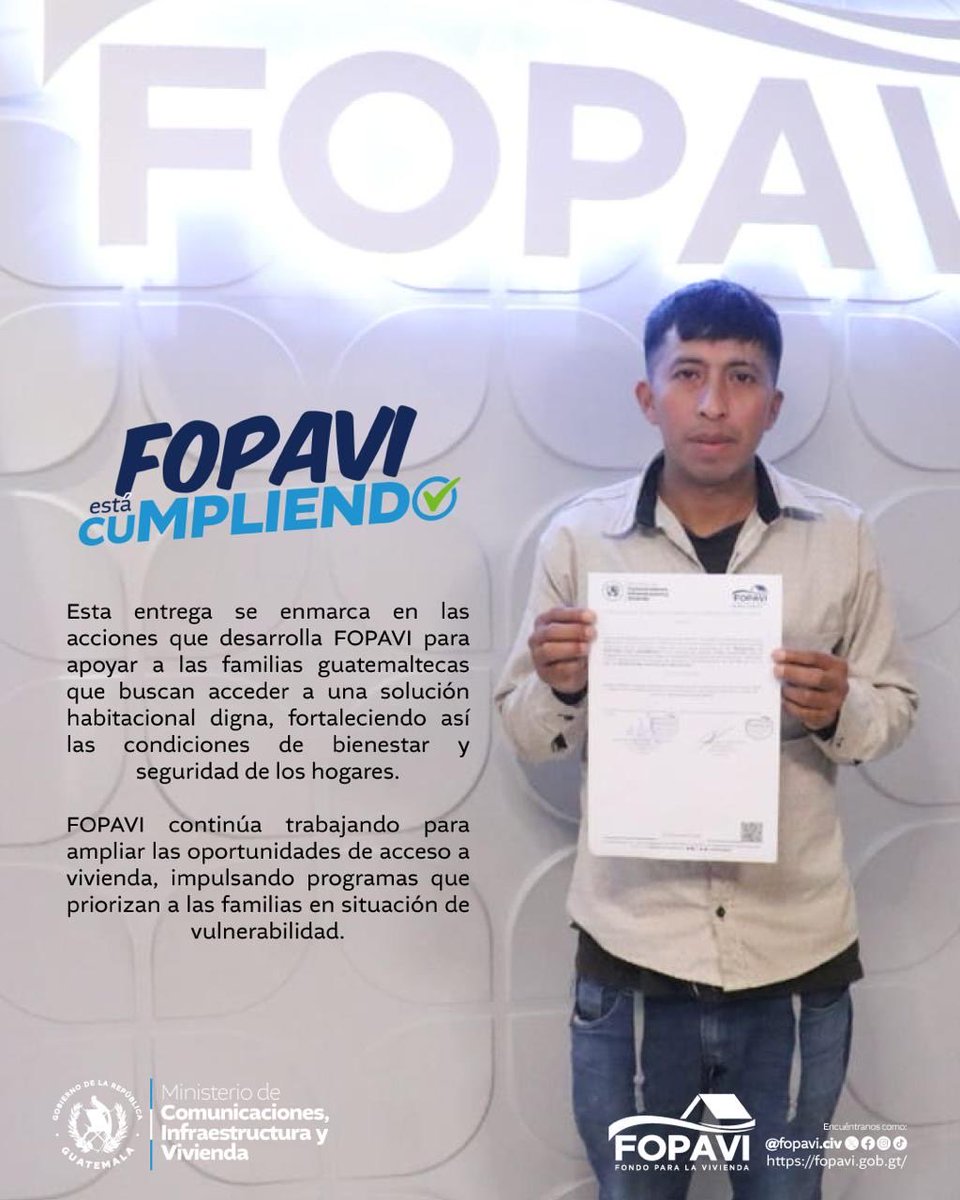 El Fondo para la Vivienda (FOPAVI) llevó a cabo la entrega de la certificación de aprobación de subsidio habitacional a un beneficiario proveniente del municipio de Tajumulco, departamento de San Marcos, en las instalaciones de la institución.