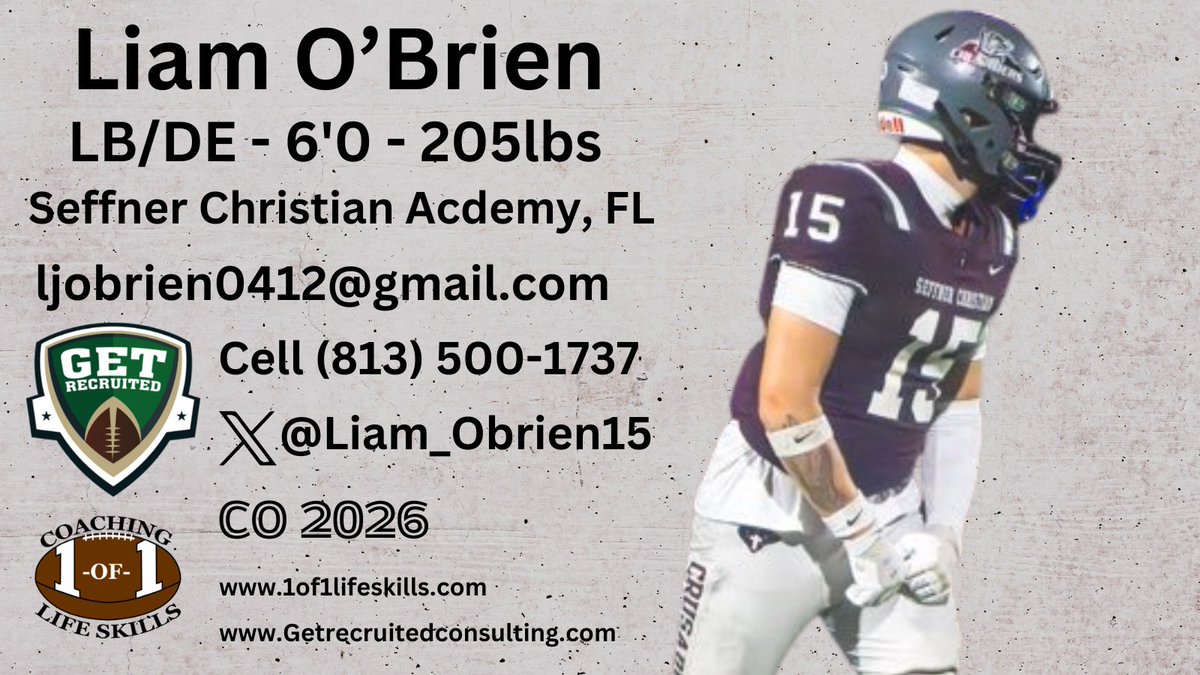 Get__Recruited's tweet image. Liam O&apos;Brien - CO 2026 - LB/DE - 6&apos;0, 205lbs - Athletic, moves well, smart, plays hard. Seffner Christian Academy, FL. Profile:  app.productiverecruit.com/profile/liam-o…  @Liam_Obrien15 @1of1lifeskills @UNewHavenFB @SCSUFB @AICFootball @FootballBentley @Ravens_FB @SaintAnselmFB @DeltaStateFB