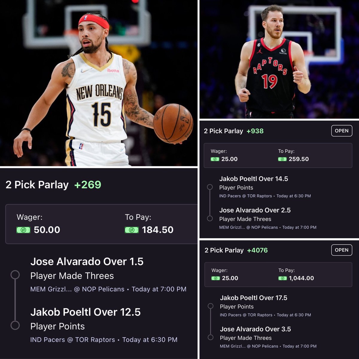 FastMoneyPROP's tweet image. NBA Wednesday Degen Lay 🏀

Jakob Poeltl Points | Jose Alvarado Threes Stack 🔥📈

Collab W/ @letkeithcook 👨🏾‍🍳

- Jakob 13 / Jose 2 - (+269) 0.50U 🔥
- Jakob 15 / Jose 3 - (+938) 0.25U 📈
- Jakob 18 / Jose 4 - (+4076) 0.25U 🪜

Odds Via | @OnyxOdds 💰

Links in comments ⬇️