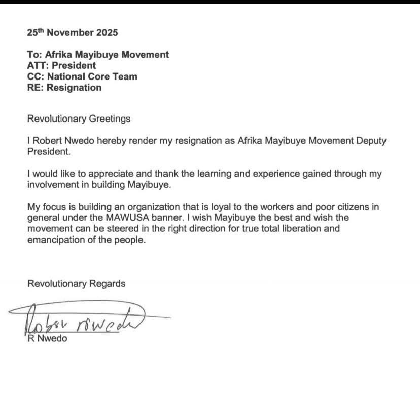 MDNnewss's tweet image. Breaking news 

Robert Nwedo has resigned as deputy president of the Afrika Mayibuye Movement, deepening leadership troubles in the party led by Floyd Shivambu. 

His exit comes just weeks after the other deputy president, Nolubabalo Mcinga, was fired, leaving Mayibuye iAfrika…