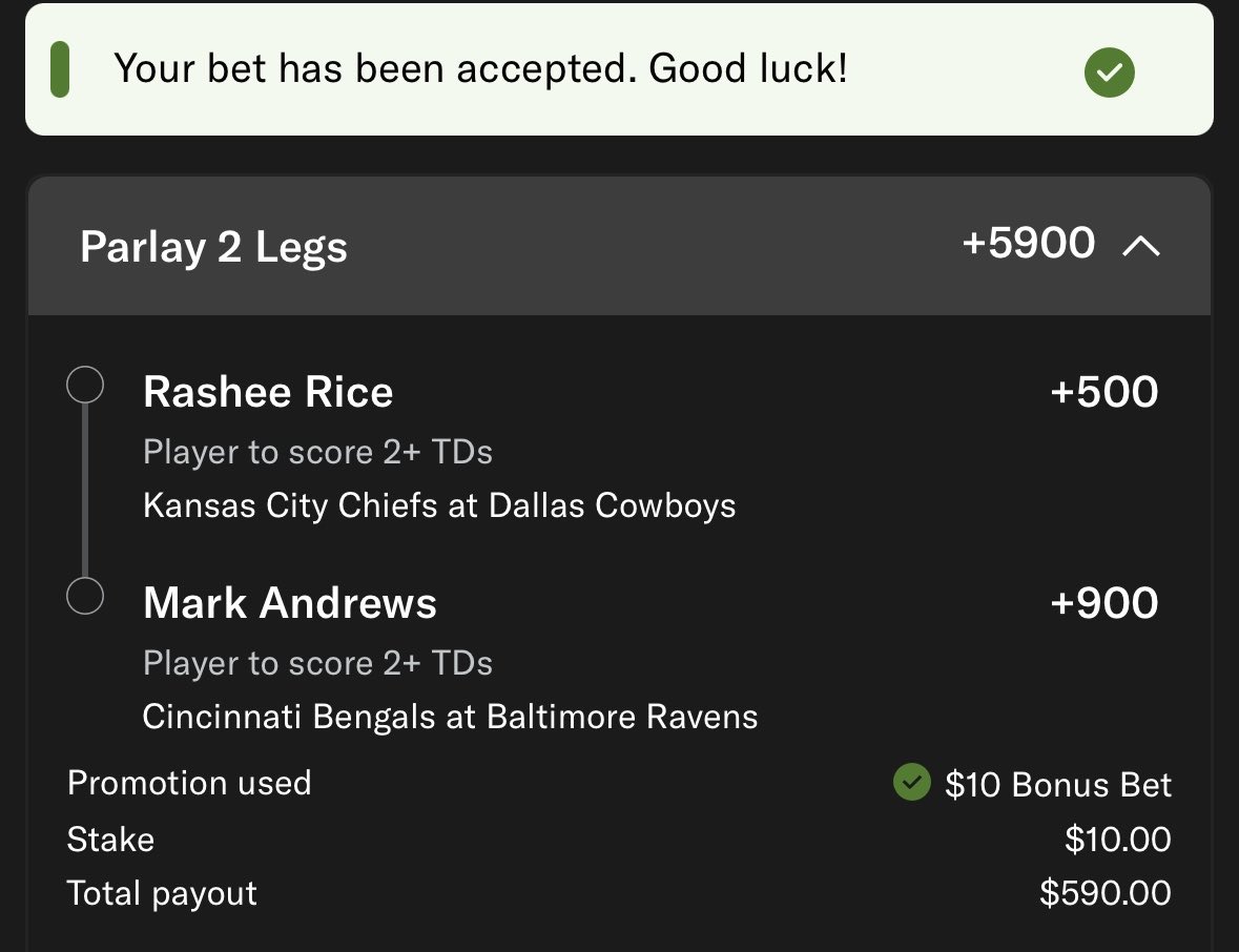 parlayportal's tweet image. 🦃 Turkey Day

🔨 Built using @PropFinderApp use code PARLAYPORTAL for 30% off

🏈 MGM Bet &amp;amp; Get Play

📊 Data:

-RICE: DAL dead last vs WR TD; Team leading 46.4% RZ share

-ANDREWS: CIN dead last vs TE TD; Team leading 27.3% RZ share

🤝🏼 Happy Thanksgiving to you &amp;amp; your family