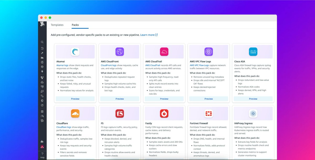 datadoghq's tweet image. Log volumes are rising along with SIEM and data-lake costs. Simplify cost-control using Datadog Packs with observability pipelines.  

Packs identify repetitive and low-value data with ready-made filters, processors, and rules for common sources like VPC Flow Logs, Cloudflare and…