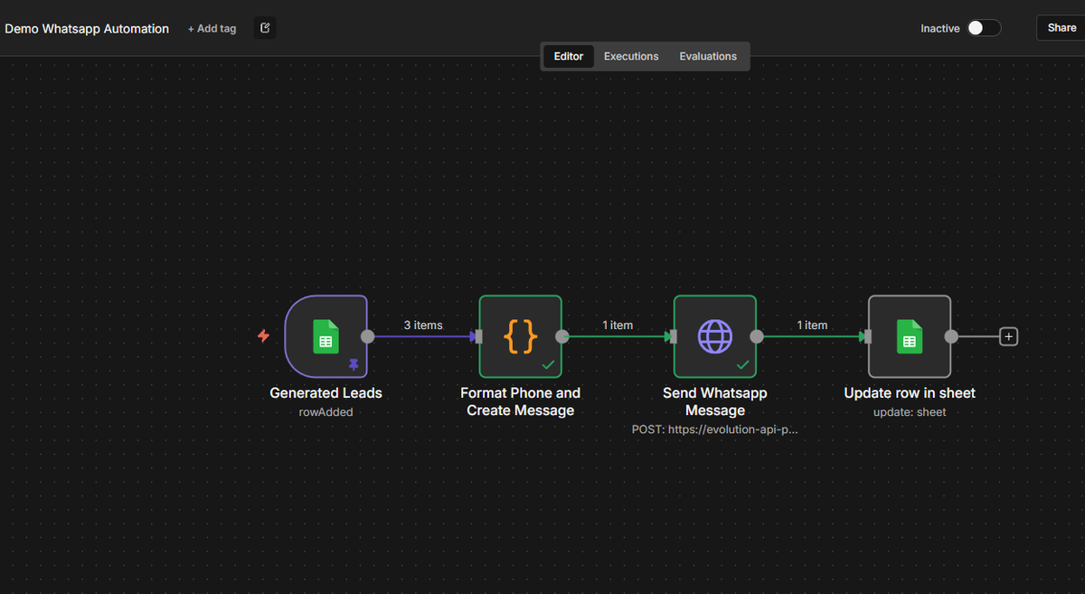 pasca_lflow's tweet image. I just proposed a WhatsApp outreach demo for a client using n8n + Evolution API 
• Auto-sends personalized messages to leads 
• Runs 24/7 without lifting a finger 
 
Sending a demo and waiting for What&apos;s next. I&apos;ll share the results once he sees it
#Automation #LowCode