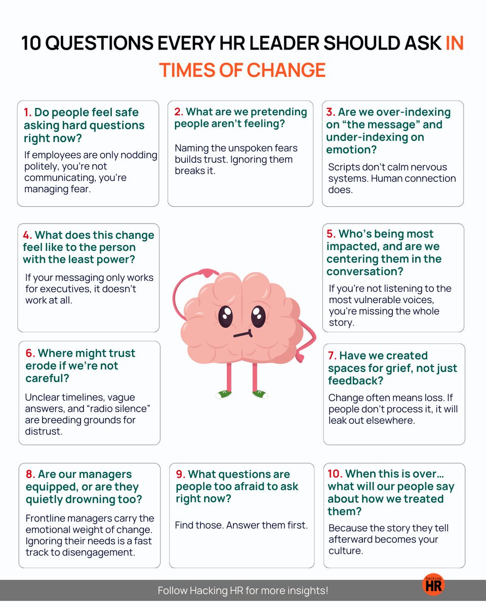 hacking_hr's tweet image. 🔥 Change never fails: people just feel its weight long before leaders notice it.

🧠 Every transformation has that moment when the room goes quiet.

Not because everyone agrees, but because no one is sure if it’s safe to name what’s actually happening.

These questions aren’t a…