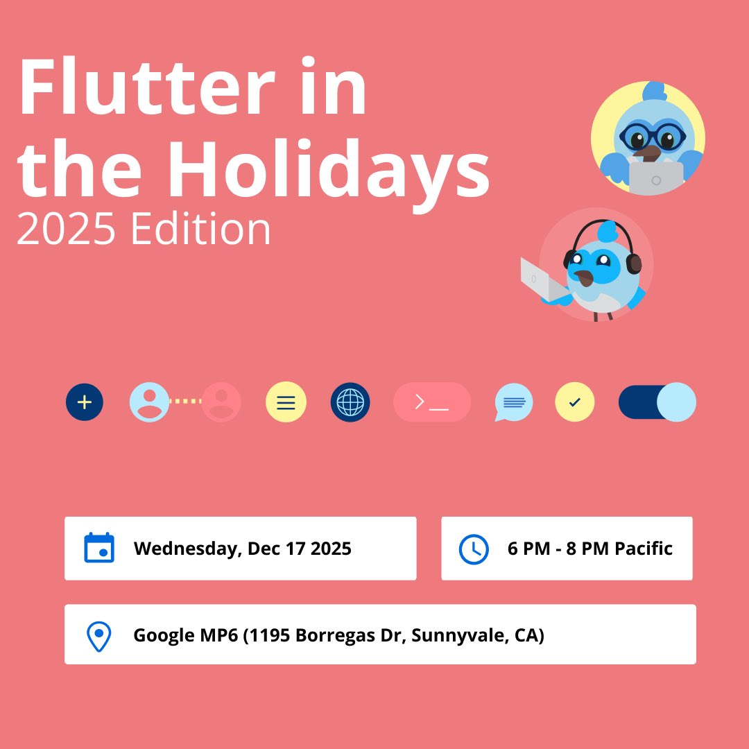 SVFlutter's tweet image. Who is ready to celebrate with the Flutter Community in the valley before we ring in the holidays? 🎄

It’s the perfect way to wrap up the year! 🎁

Be sure to RSVP - meetup.com/flutter-silico…