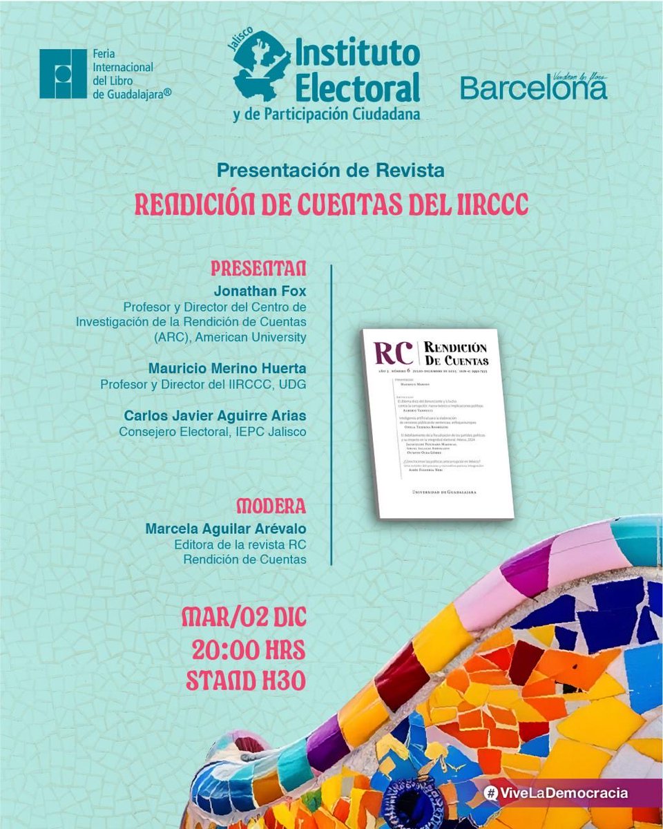 📚 Nos complace invitarles a la Presentación de la Revista RC Rendición de Cuentas del IIRCCC en el marco de la FIL Guadalajara 2025.

📅 Martes 2 de diciembre
⏰ 20:00 hrs
📍 Stand H30

¡Nos vemos en la FIL! 📚

#FIL2025  #IIRCCC #IEPCJalisco #UdeG