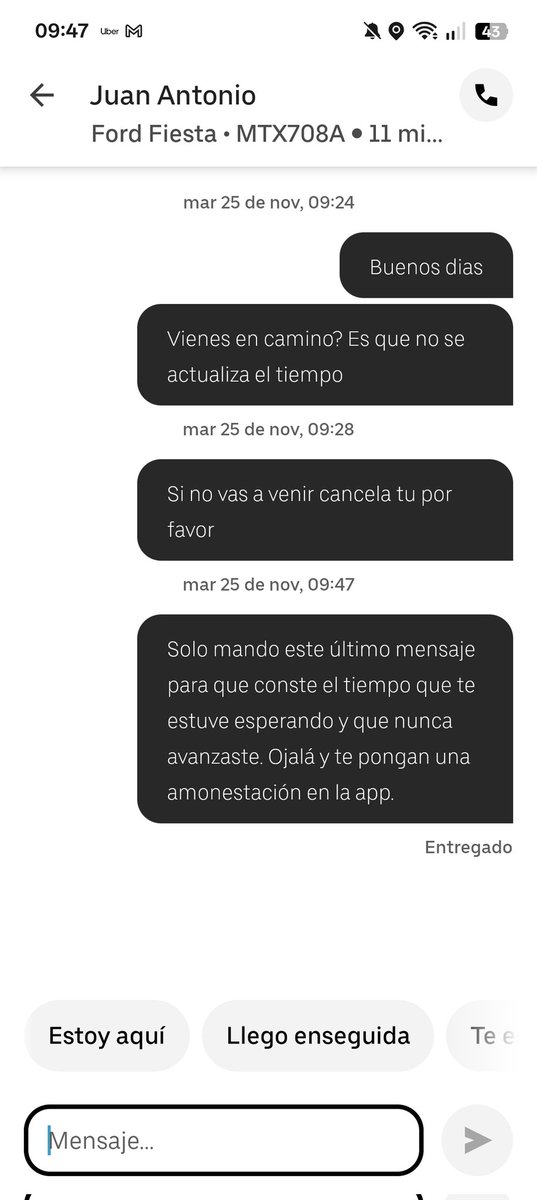 Heiritz's tweet photo. @Uber_MEX quiero denunciar a este conductor. Me urgía enviar un paquete a un cliente. Y este señor, se estuvo parado en el mismo lugar por más de media hora sin tener el valor de cancelar él el viaje. Y cada vez tienen más alimañas así trabajando para su app. Que mal. https://t.co/gAUEuvMhGM