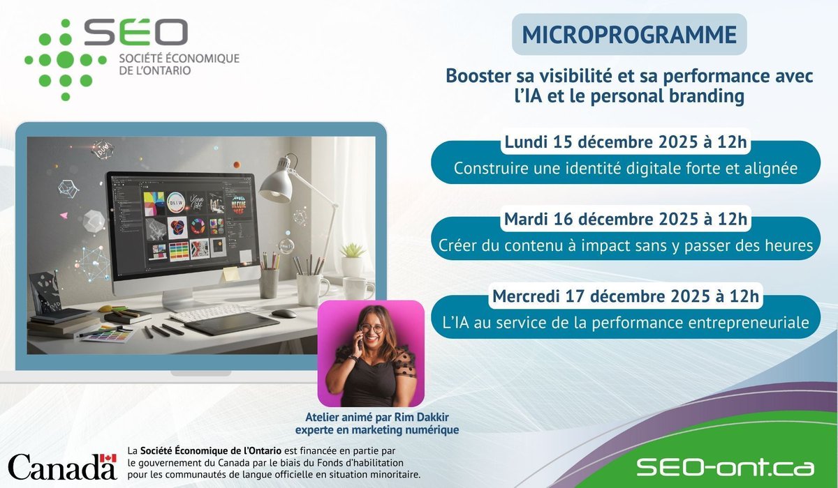 SocEcoOntario's tweet image. 📣 Microprogramme : booster sa visibilité et sa performance avec l’IA et le personal branding.

📅 15, 16 et 17 décembre – 12h00 à 13h00 
Microprogramme virtuel gratuit ! Inscription ici 👉  buff.ly/joUHh0A 

#SociétéÉconomiqueOntario #EntrepreneuriatSÉO