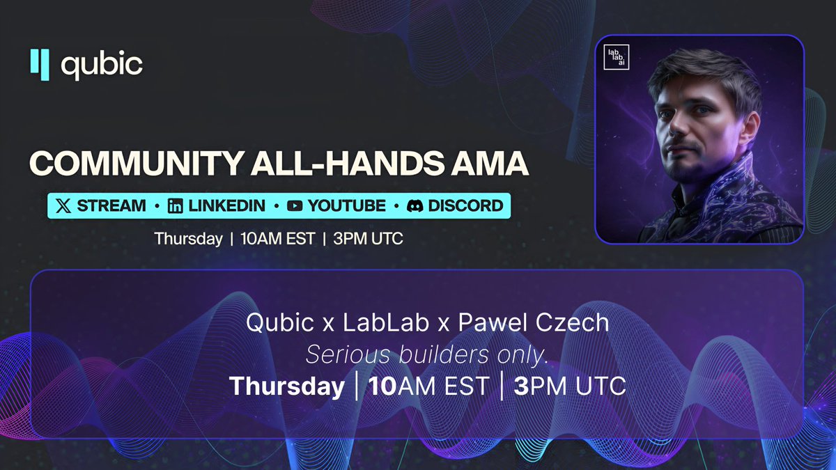 We’re hosting a livestream this Thursday!

For serious builders only: <a href="/_Qubic_/">Qubic</a>  x <a href="/lablabai/">lablab.ai</a>  x <a href="/czech_pawel/">Pawel Czech</a>.

If you build at the intersection of AI + blockchain, this is for you.

Gain an edge ahead of the Qubic: Hack the Future Hackathon (Dec 5-7).

What to expect?⬇️