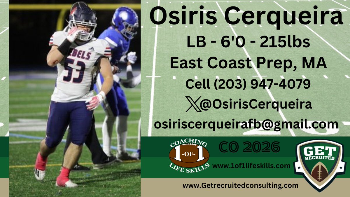 Get__Recruited's tweet image. Osiris Cerqueira - CO 2026 - LB - 6&apos;0, 215lbs - Athletic, physical, tough, plays hard. East Coast Prep, MA. Player profile:  app.productiverecruit.com/profile/osiris… @OsirisCerqueira @1of1lifeskills @UST_Football @valpoufootball @UNewHavenFB @SCSUFB @AICFootball @AssumptionFB @Ravens_FB