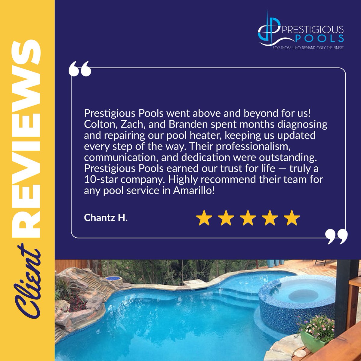 PrestigiousAma's tweet image. Prestigious Pools delivers every time.
Thank you, Chantz, for the incredible review and for trusting the team with your pool! 💙✨
📲 806.322.3155
🔗 bit.ly/PrestigiousPoo…
#PrestigiousPools #PoolServiceAmarillo #AmarilloTX #ClientReview